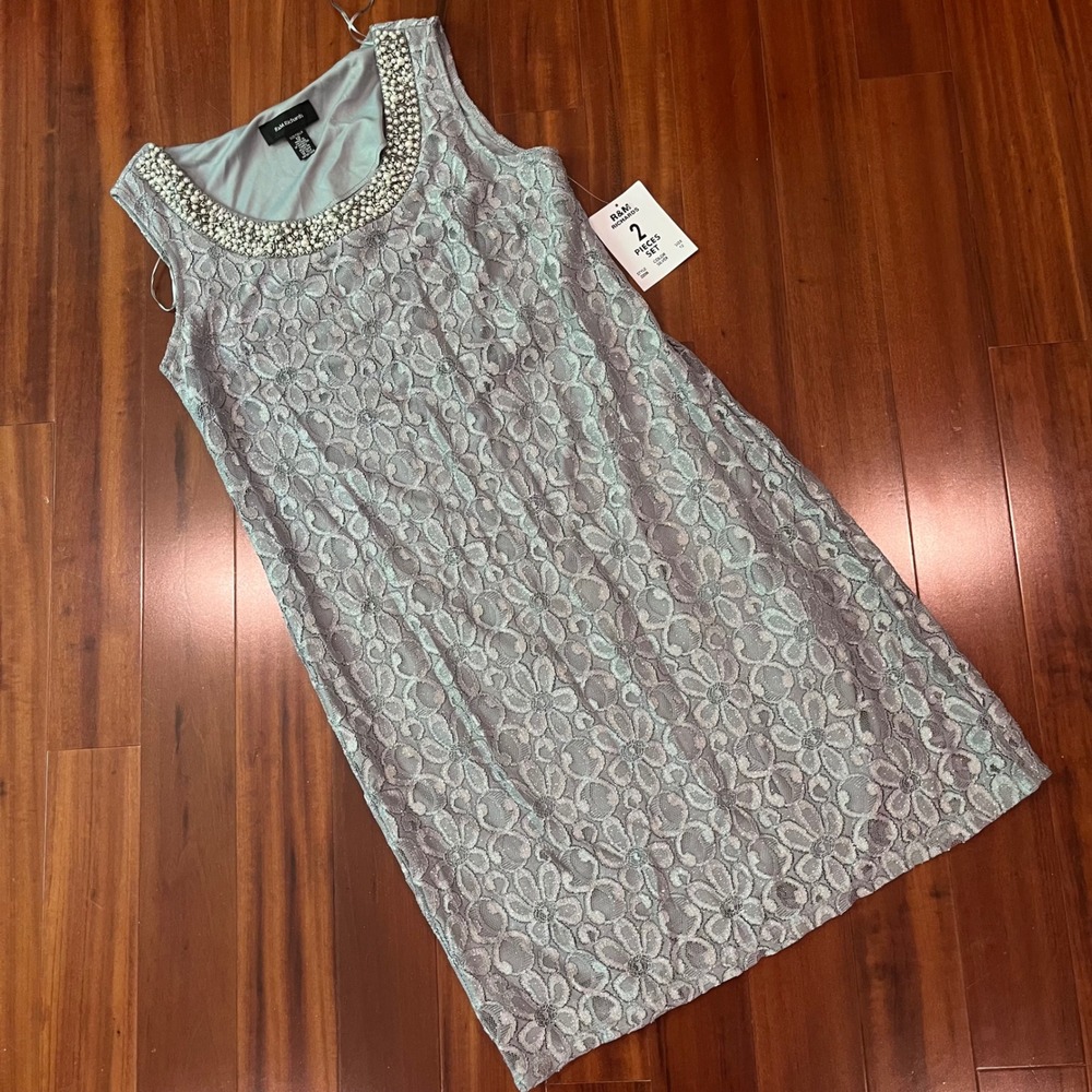 R&M Richards Shift Dress Silver Lace Bead Neckline Sleeveless Cocktail Party 12